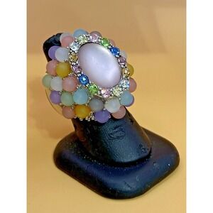 VTG HUGE BEADED DOME Frosted Pearl STATEMENT Stretch RING SZ 7.5 + Bling